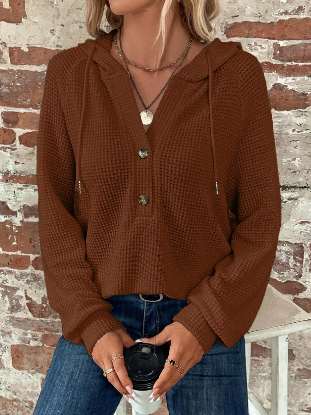Waffle knit button-front hoodie with drawstring hood