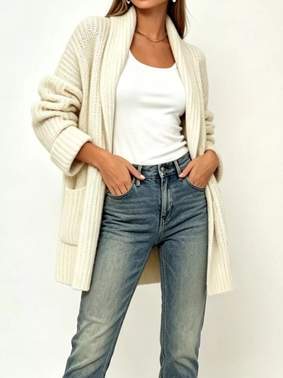 Ribbed open-front cardigan with shawl collar and pockets