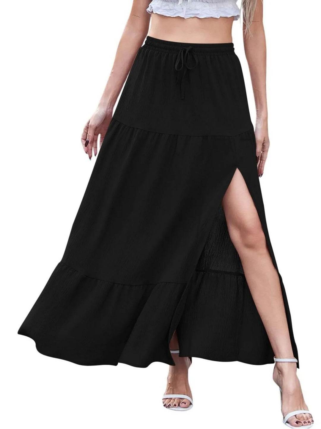 Tiered ruffled maxi skirt with front slit