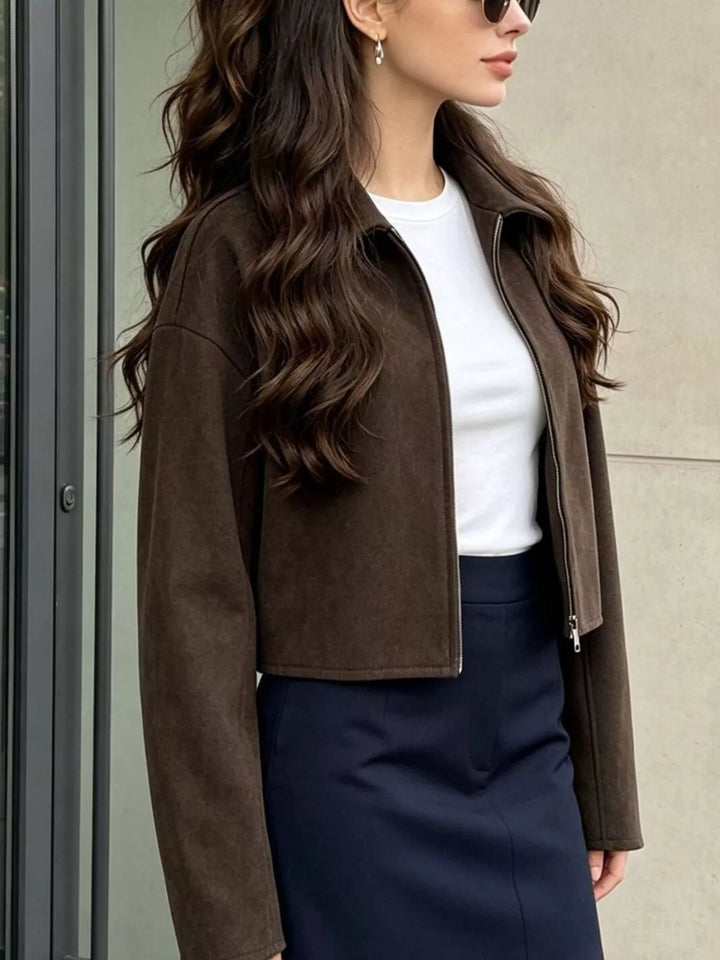 Cropped zip-up jacket with dropped shoulders and collar