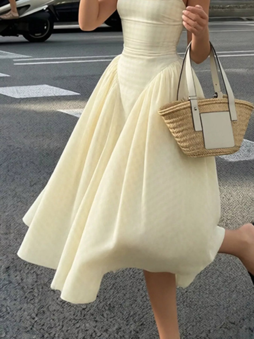 Plaid square-neck sleeveless fit-and-flare midi dress