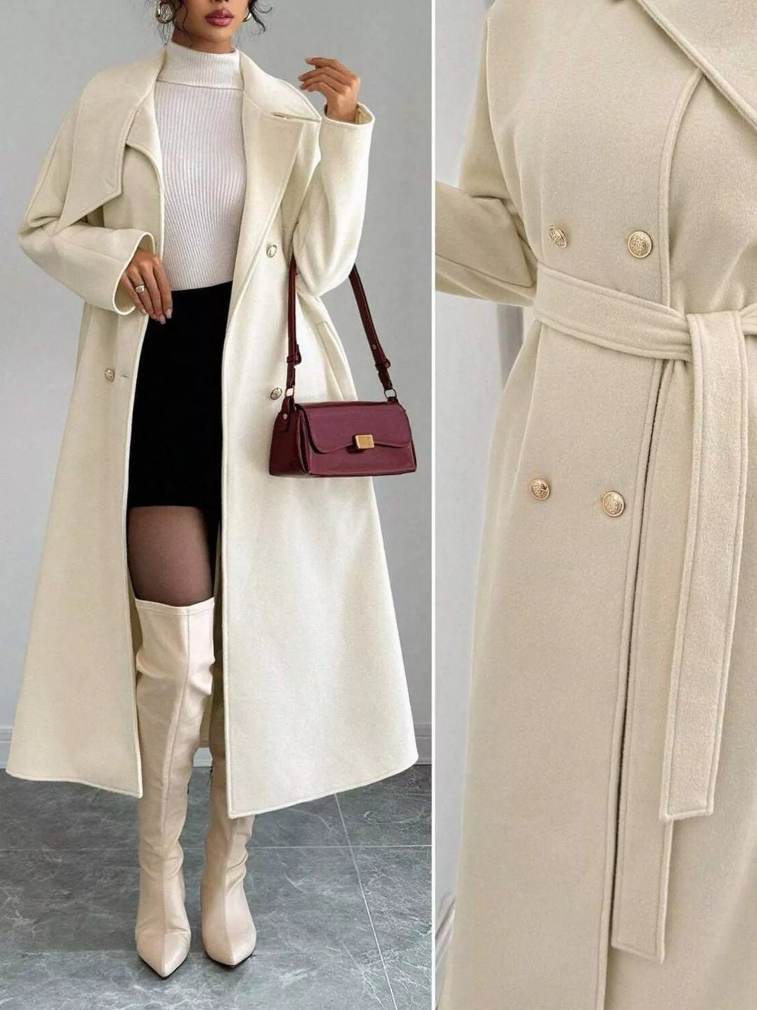 Double-breasted belted longline coat with stand collar