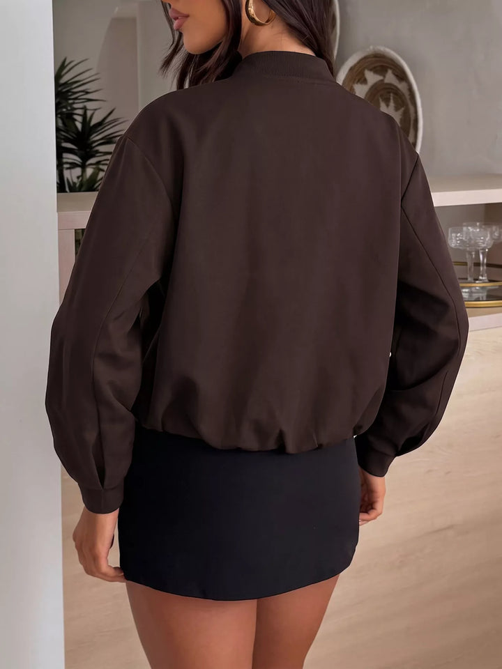Dropped shoulder zip-up bomber jacket with band collar