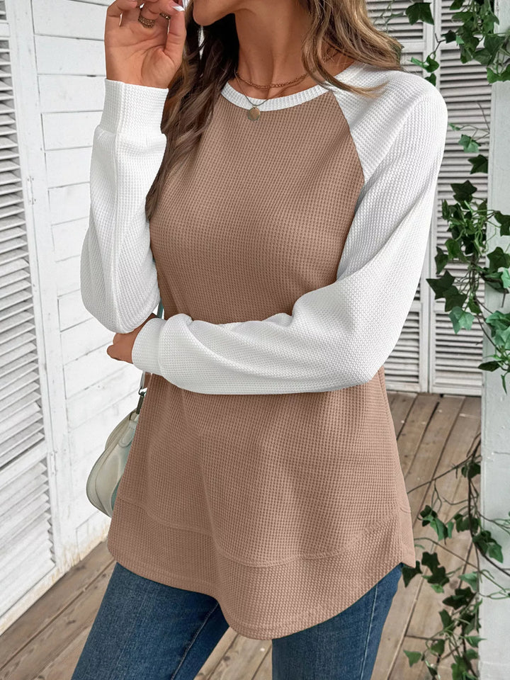 Khaki Contrast raglan waffle knit long sleeve top