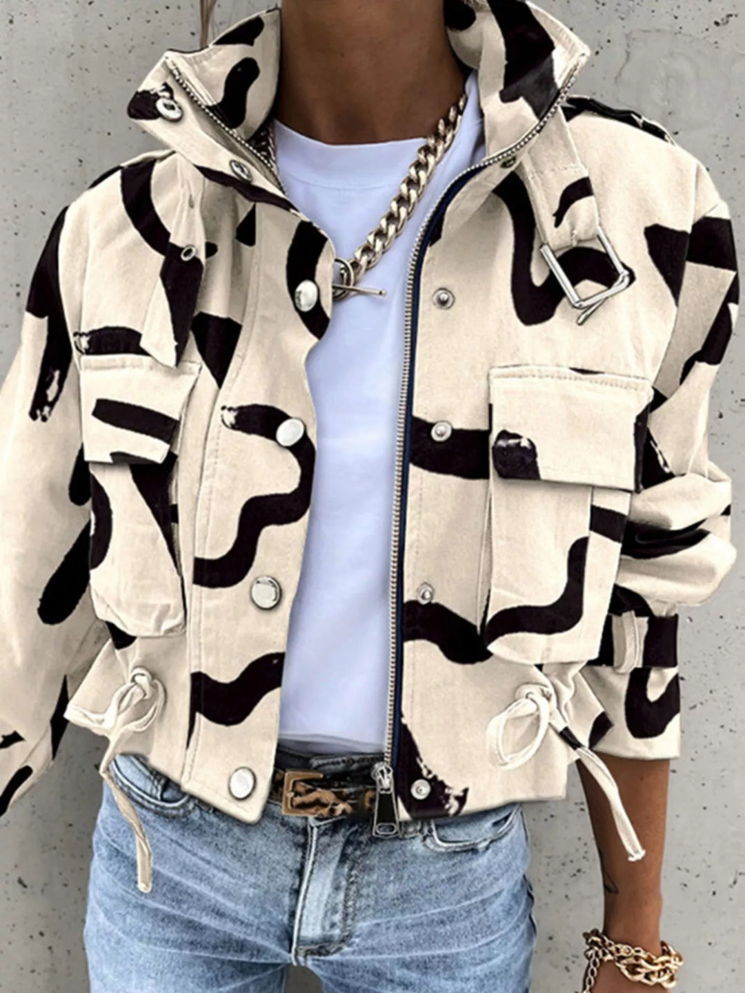 Beige Abstract print cropped utility jacket with drawstring hem