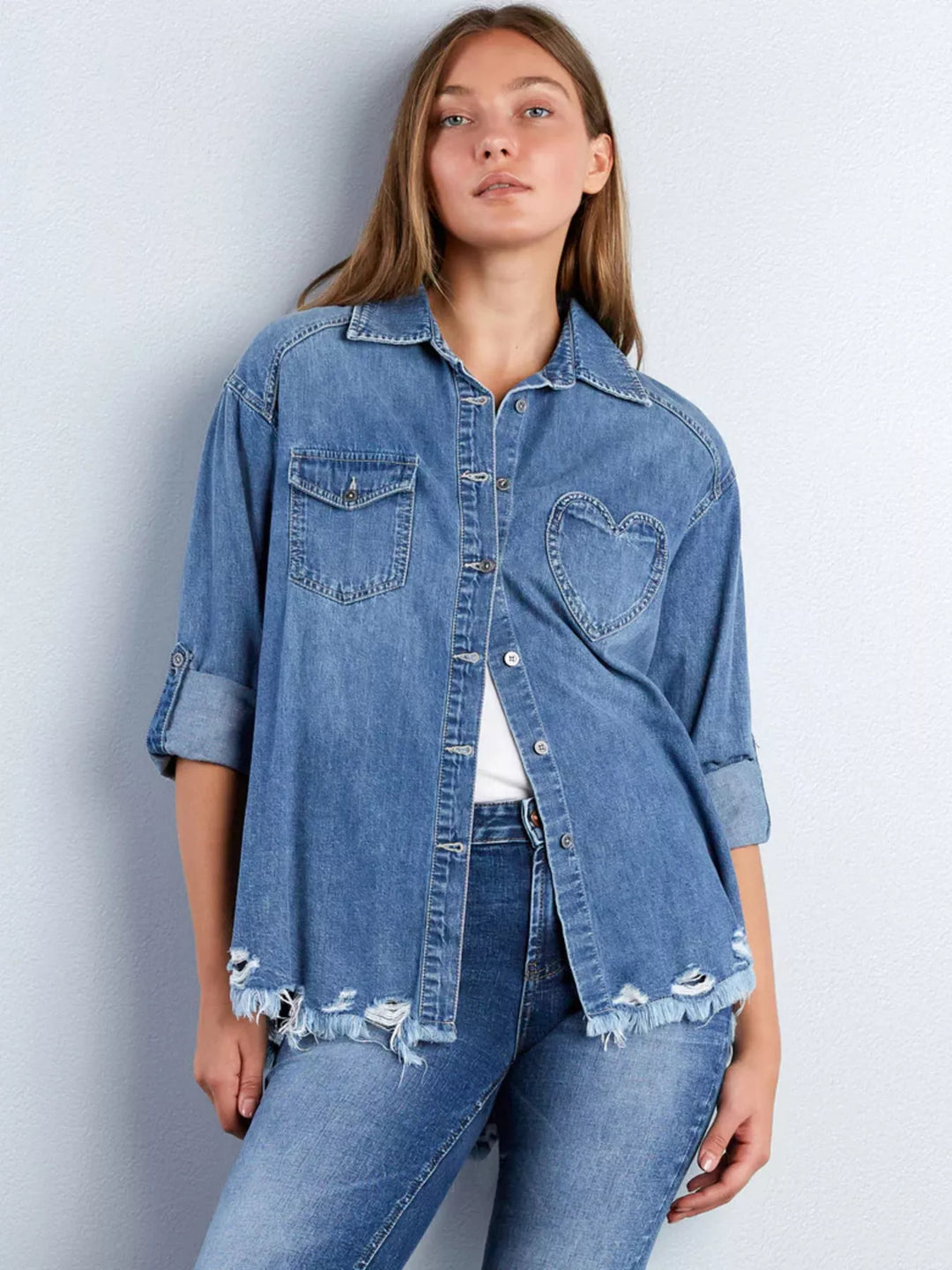 Blue Oversized denim shirt with heart pocket and frayed hem