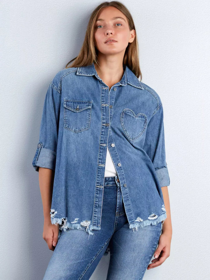 Blue Oversized denim shirt with heart pocket and frayed hem