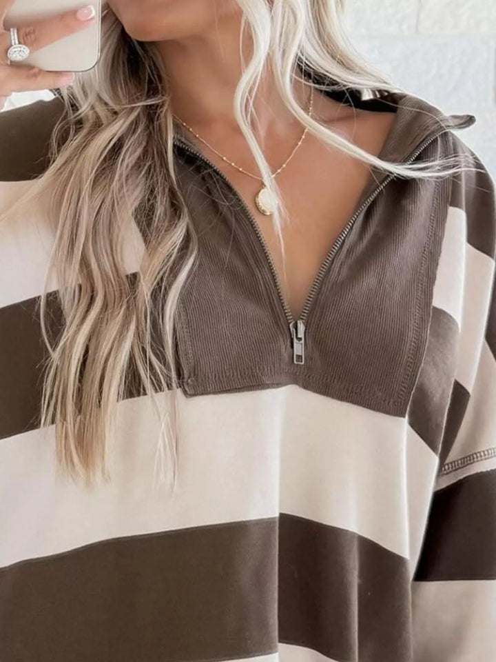 Striped quarter-zip pullover with ribbed collar