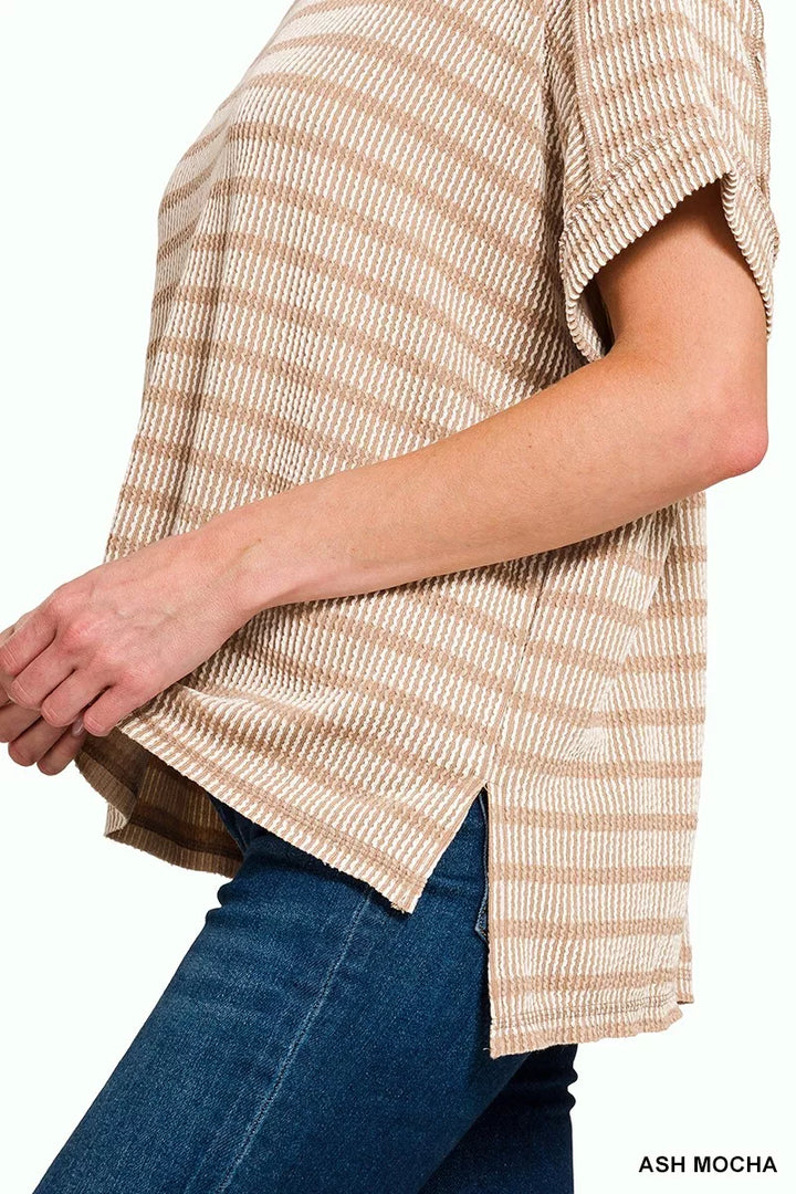 Ribbed striped short sleeve top with exposed seams