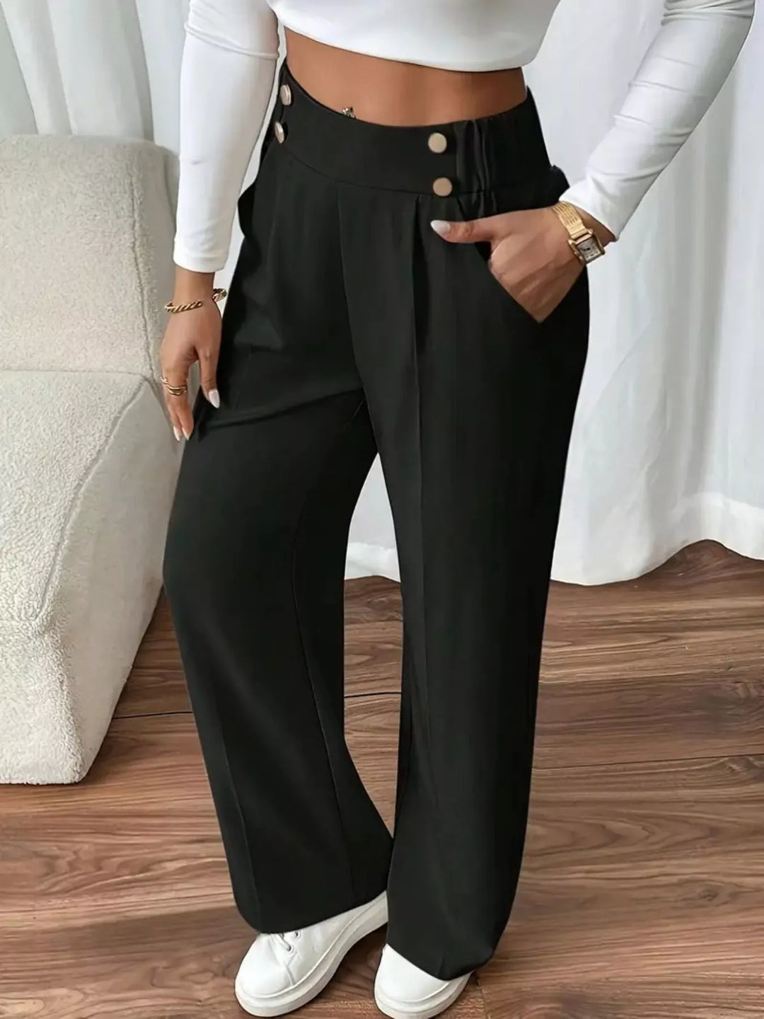 Black Full Size High-Waisted Wide-Leg Pants Plus Size