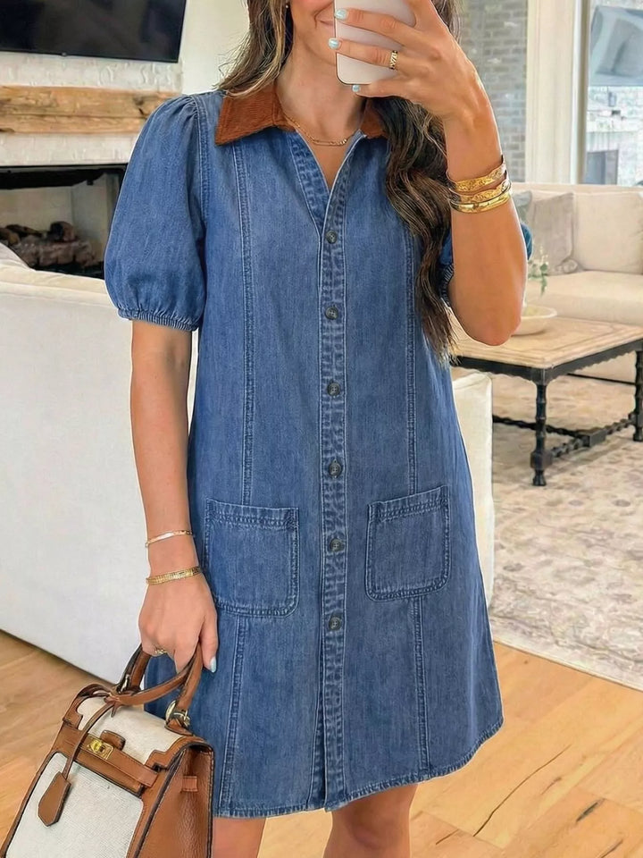 Dusty Blue Button-down denim mini dress with puff sleeves and contrast collar