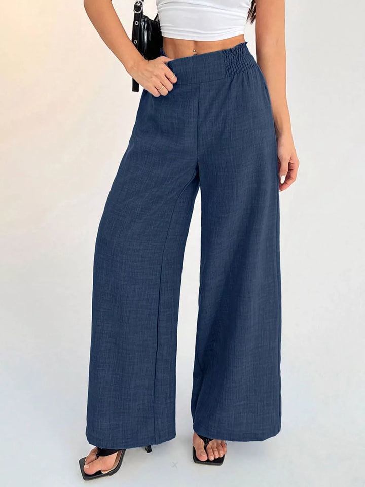 Navy Blue High-rise wide leg pants with smocked waistband