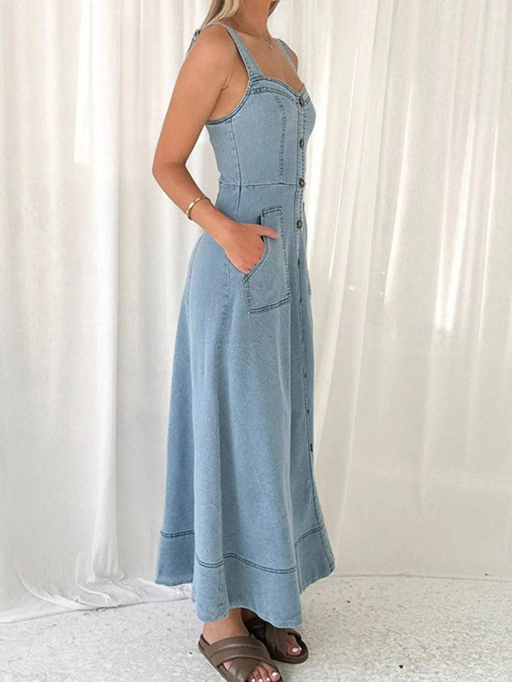 Sweetheart neckline button-front denim maxi dress with pockets