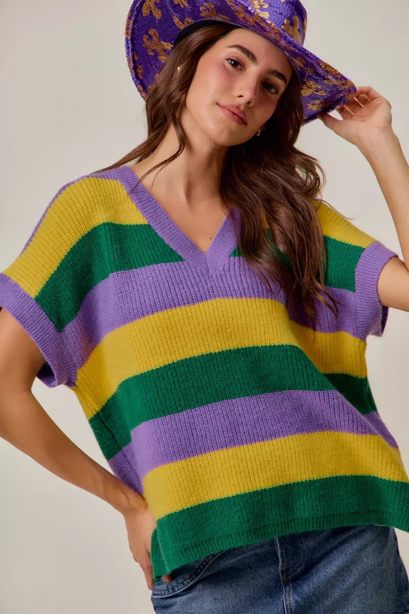 Ribbed striped V-neck short sleeve sweater top
