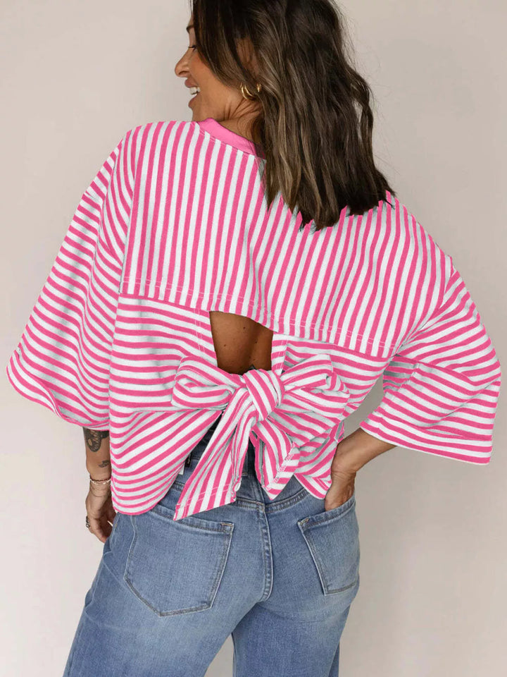 Striped oversized tee with back bow tie and keyhole cutout