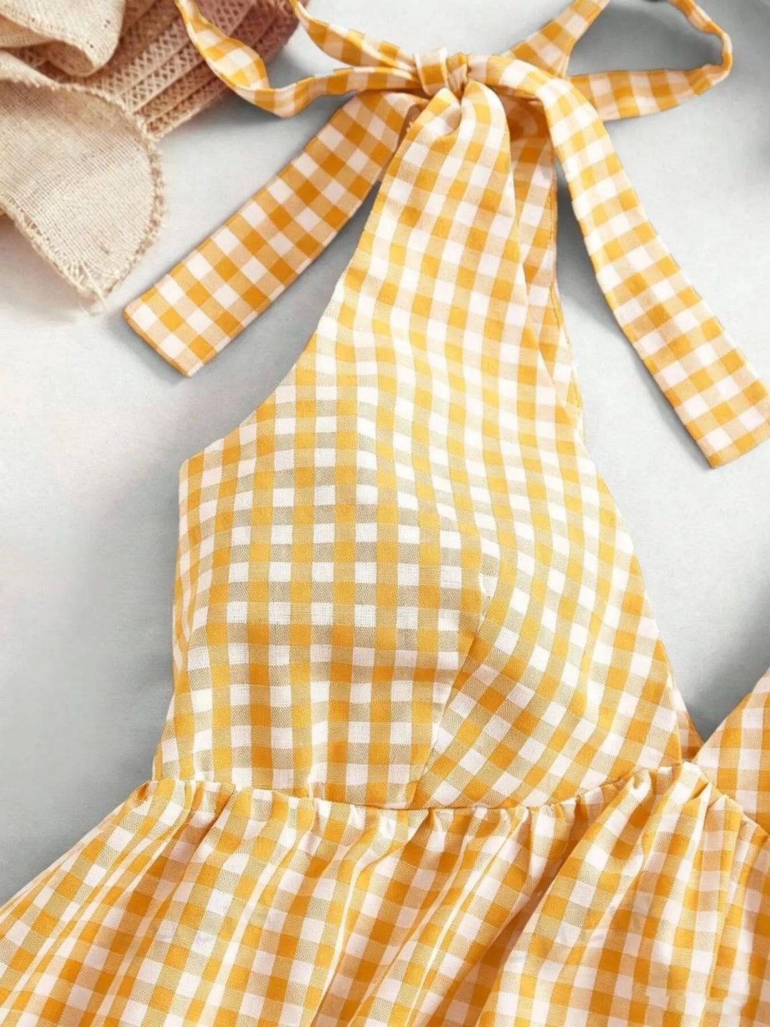 Gingham tie-shoulder babydoll mini dress