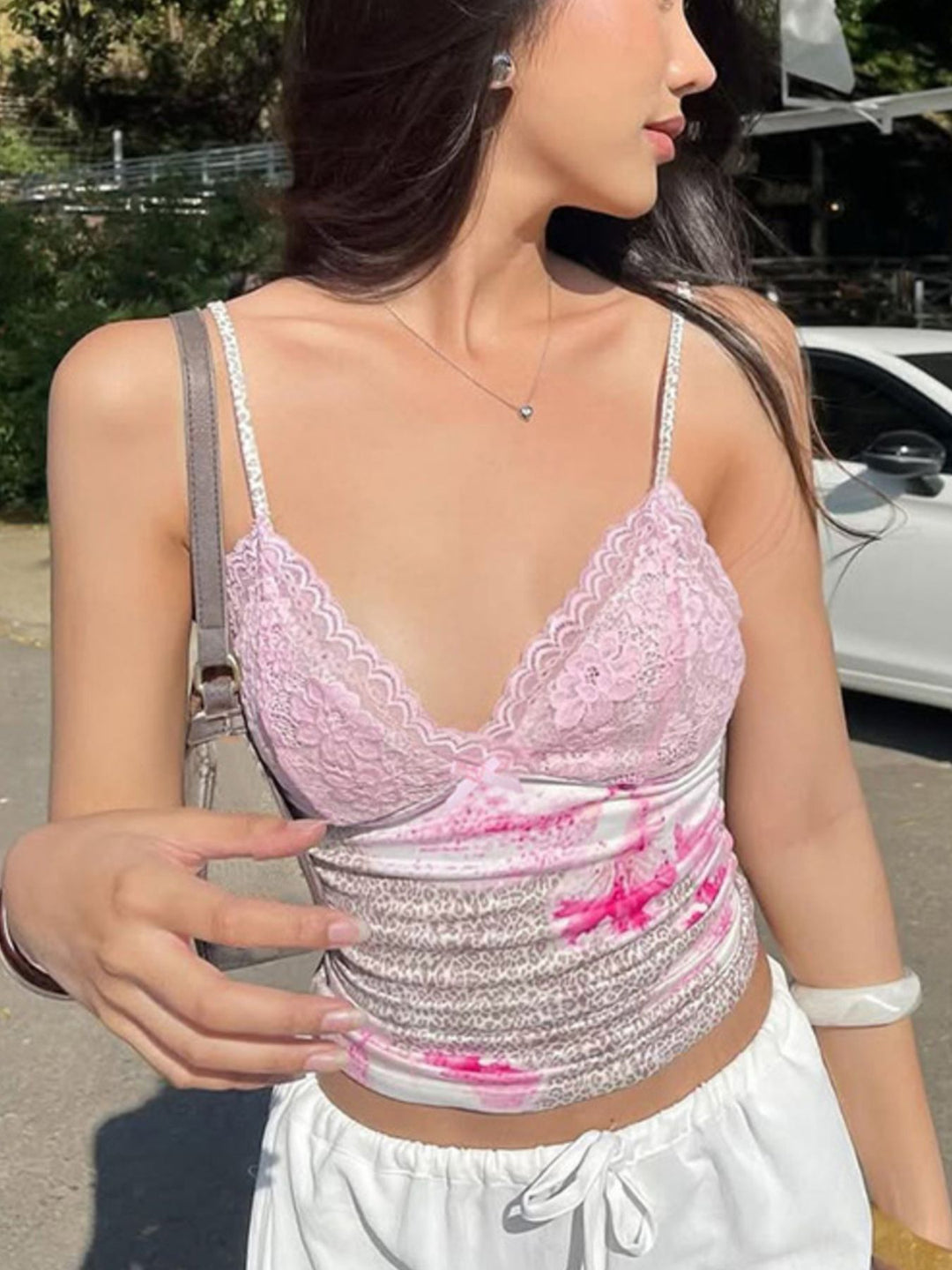Lace trim ruched cami with leopard print and bow