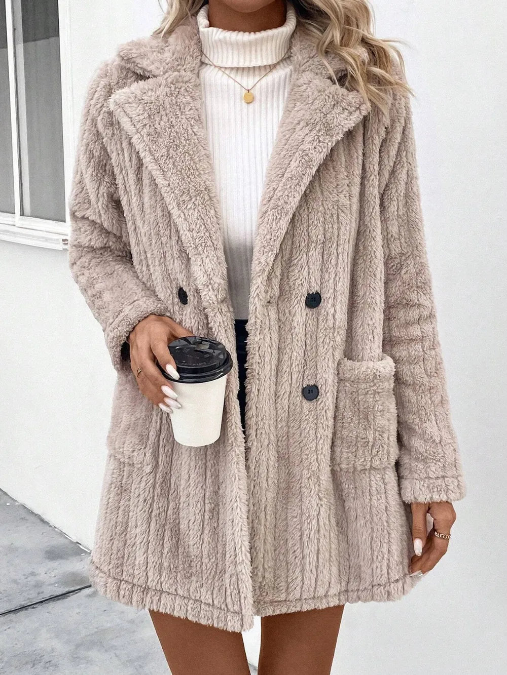 Fuzzy fleece notch lapel longline coat with pockets