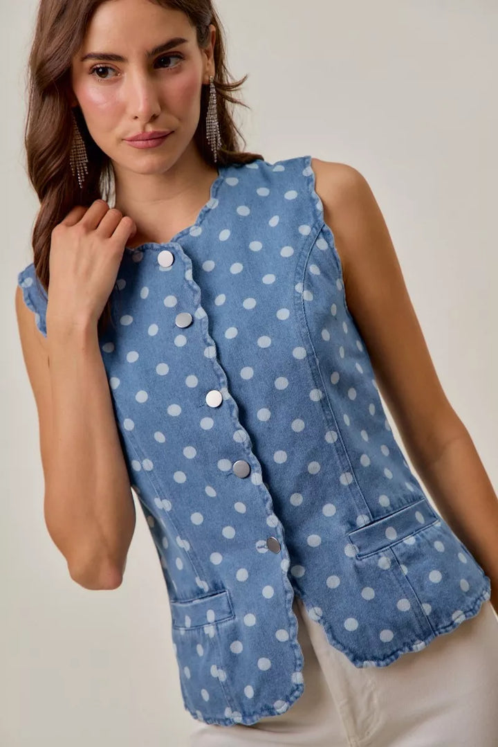 Polka dot denim button-down vest with scallop edge trim
