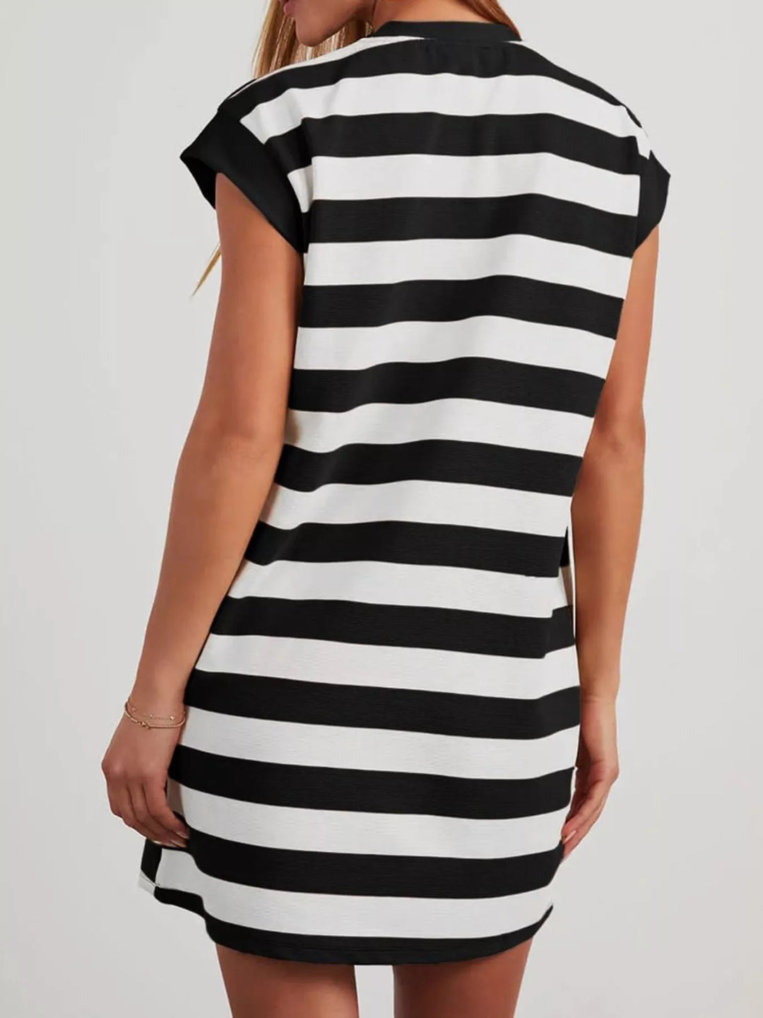 Striped cap sleeve mini dress with side pockets