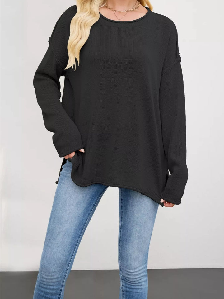 Exposed seam oversized crew neck sweater with raw hem