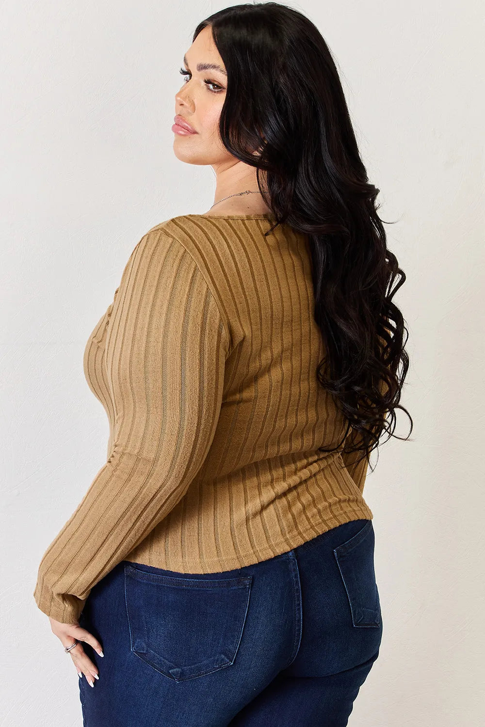 Ribbed scoop neck long sleeve fitted top