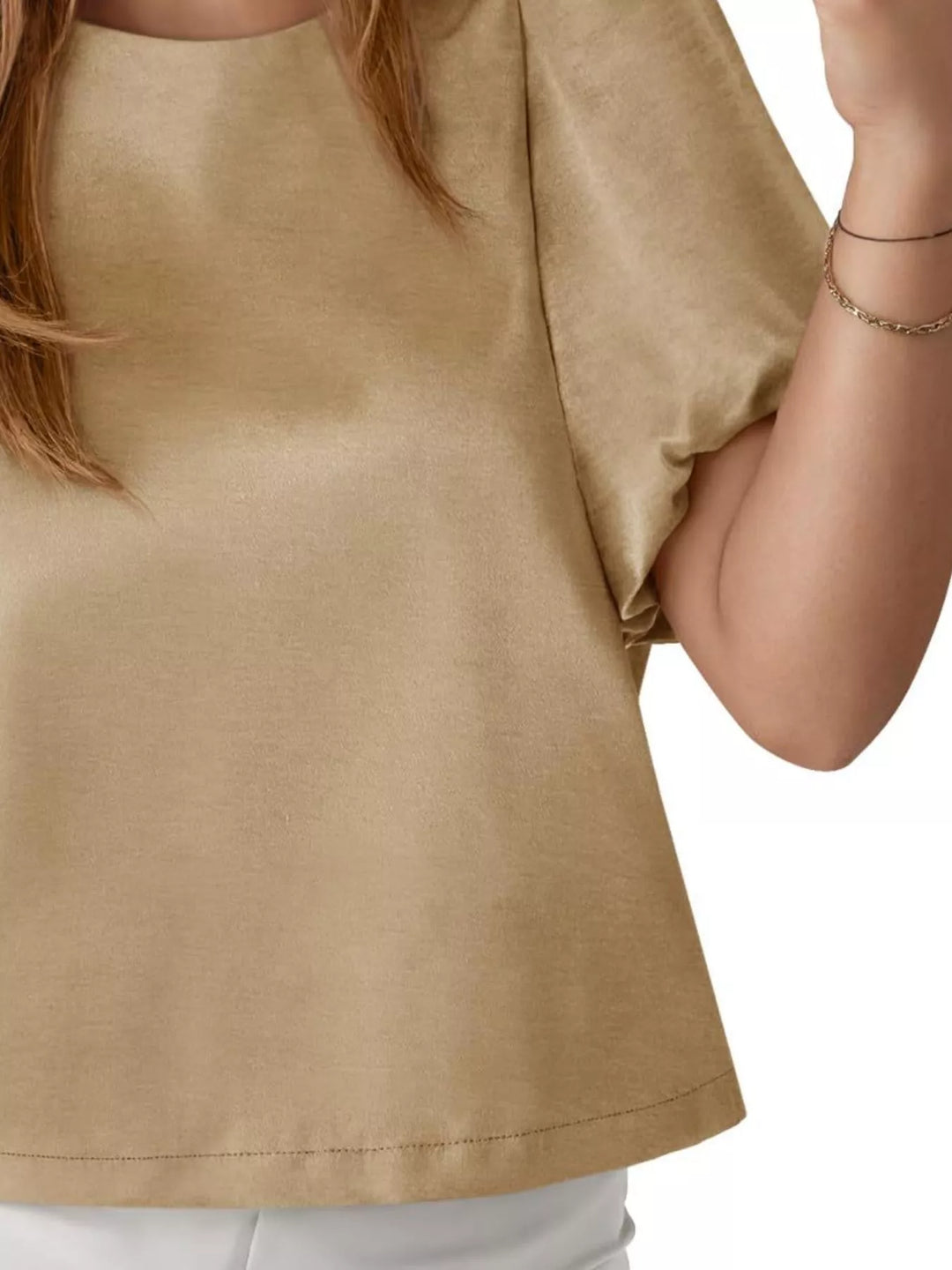 Short puff sleeve satin top with round neck