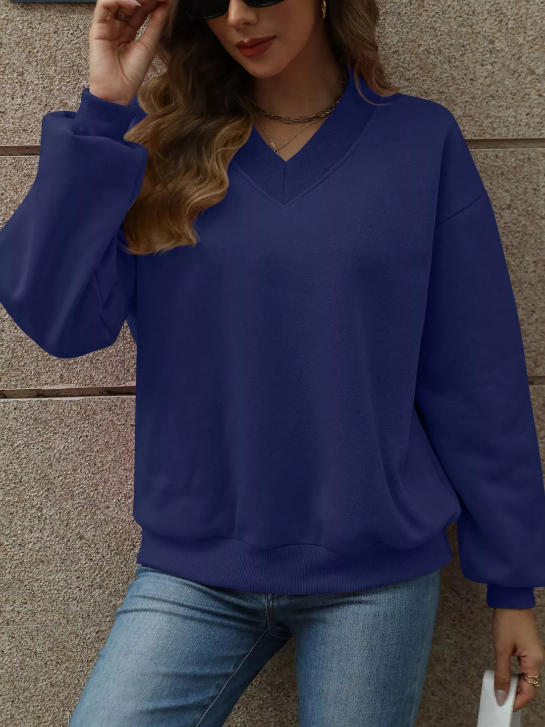 V-neck drop-shoulder pullover sweatshirt with ribbed trim