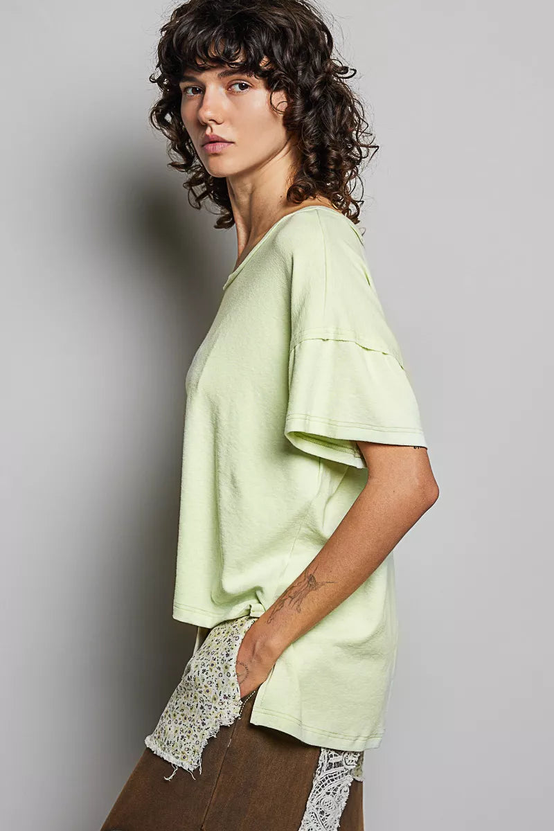 Relaxed short sleeve tee with high-low hem and exposed seams
