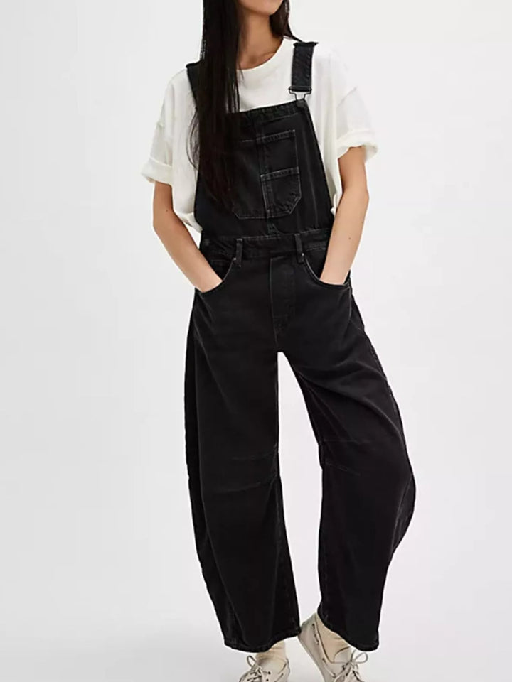 Black Wide-leg cotton denim overalls with adjustable straps