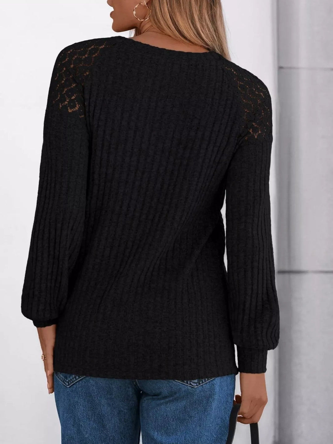 Ribbed knit long sleeve top with lace shoulder detail