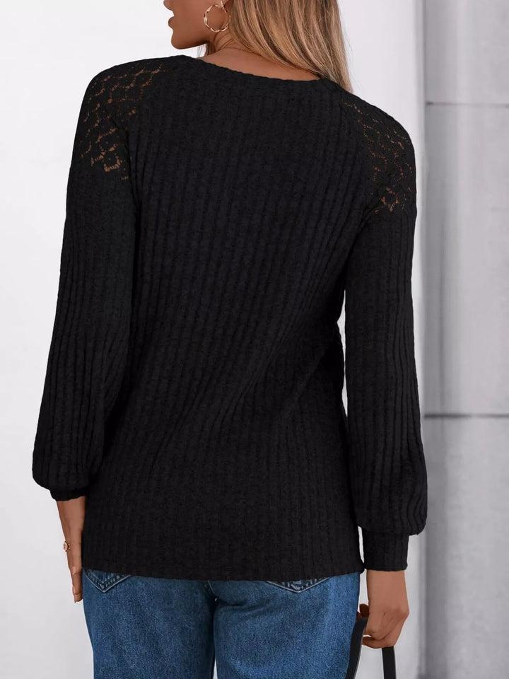 Ribbed knit long sleeve top with lace shoulder detail