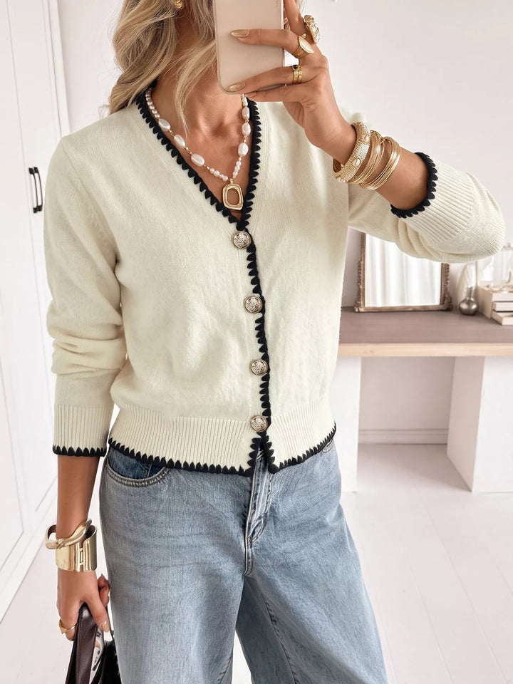 Beige Contrast whipstitch trim V-neck button-front knit cardigan