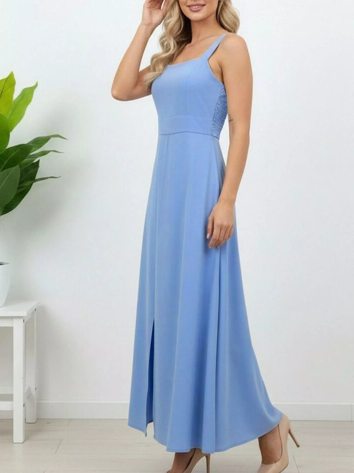 Smocked-strap square-neck maxi dress with front slit