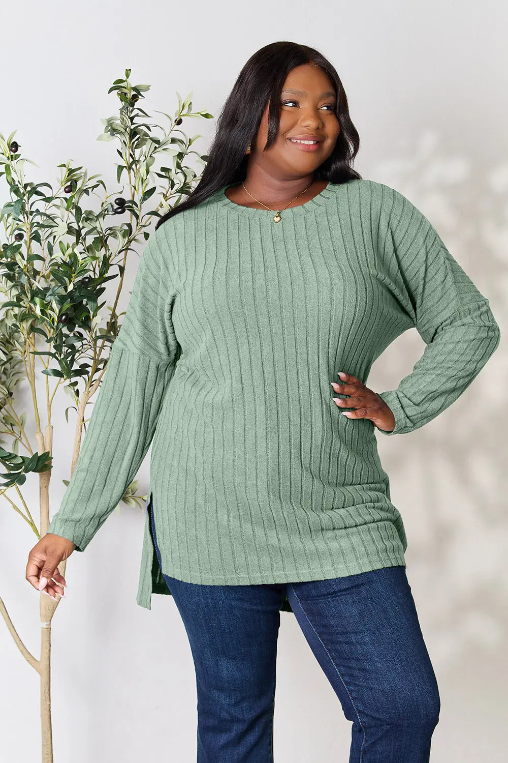Light Green Ribbed knit long sleeve tunic top with side slits