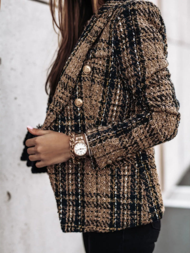 Plaid tweed double-breasted blazer with gold buttons - Burgundy
