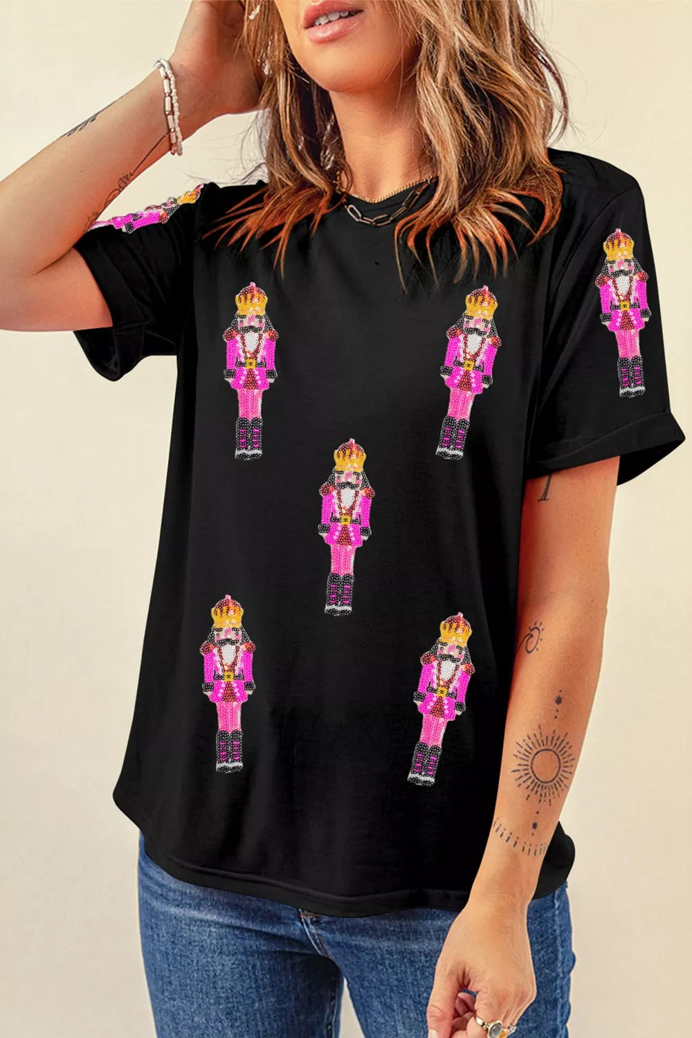 Sequin nutcracker Christmas crew neck t-shirt