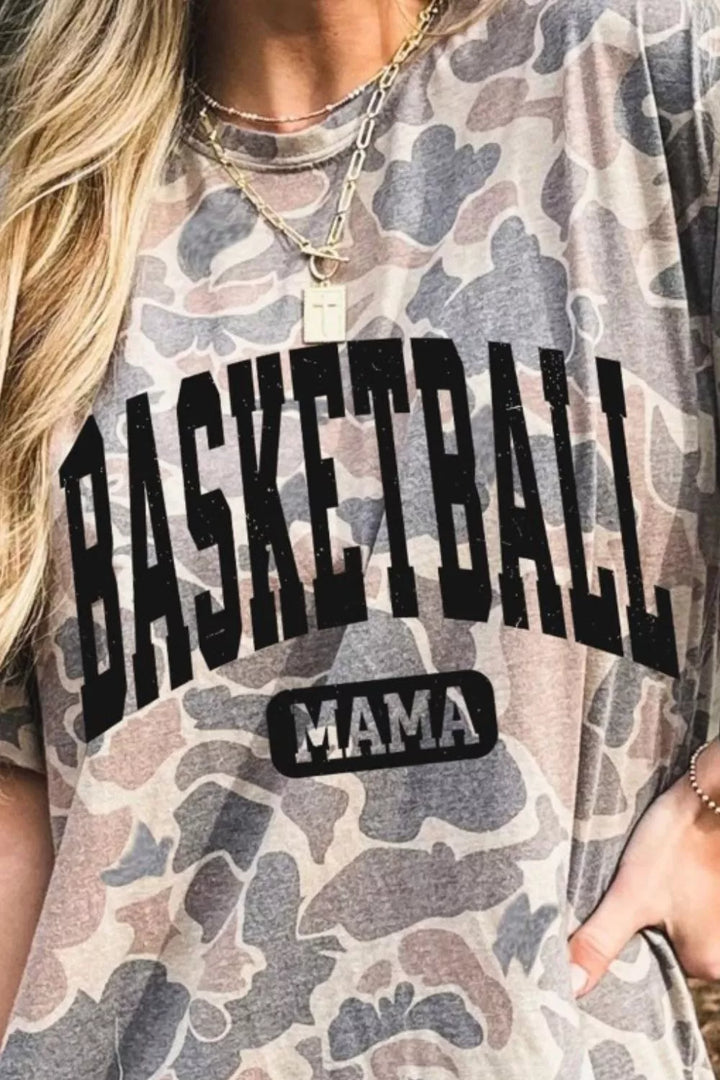 Basketball Mama camo print relaxed fit graphic tee