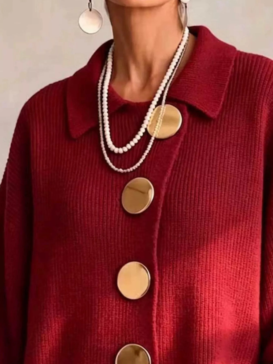 Oversized gold button ribbed knit collared cardigan