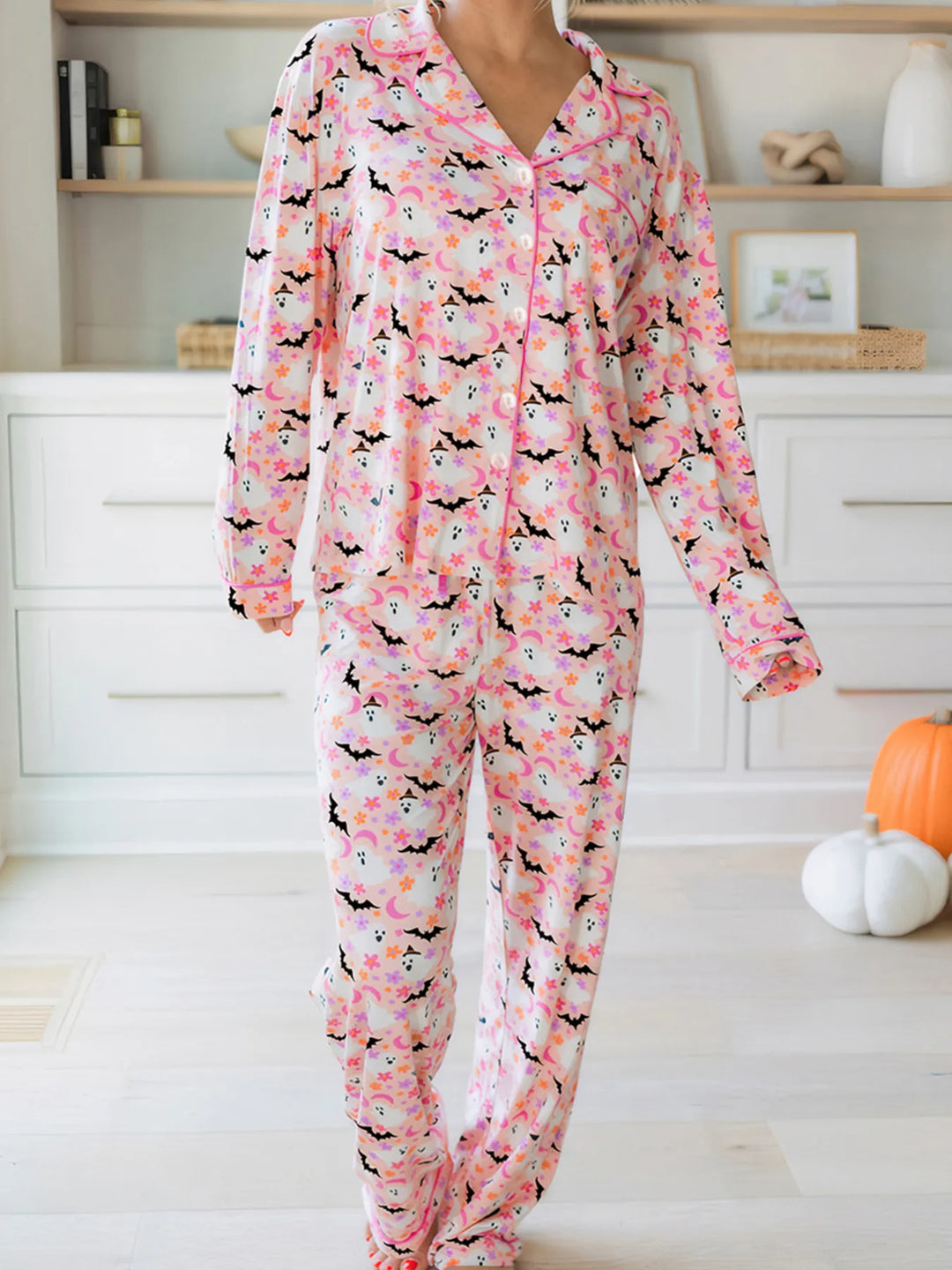 Dusty Pink Ghost and bat print button-up pajama set with piped trim