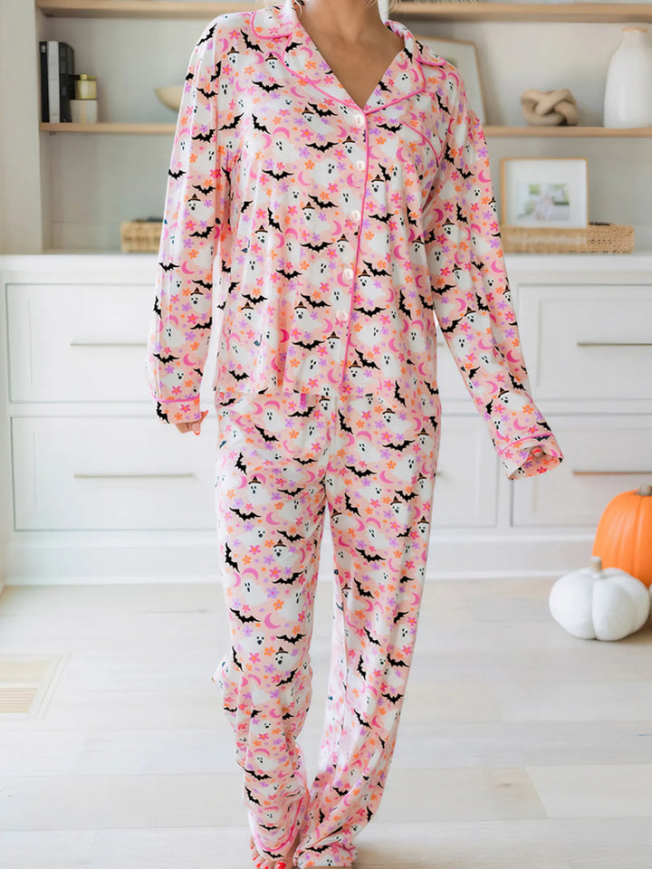 Dusty Pink Ghost and bat print button-up pajama set with piped trim
