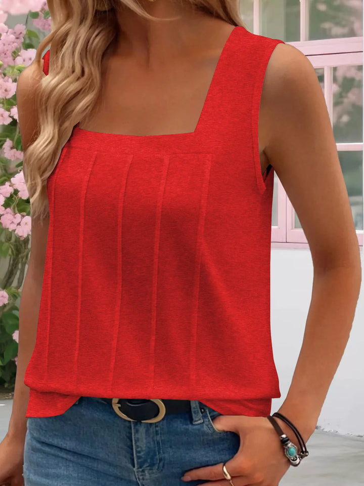 Red Square neck pleated tank top with vertical pintuck detail