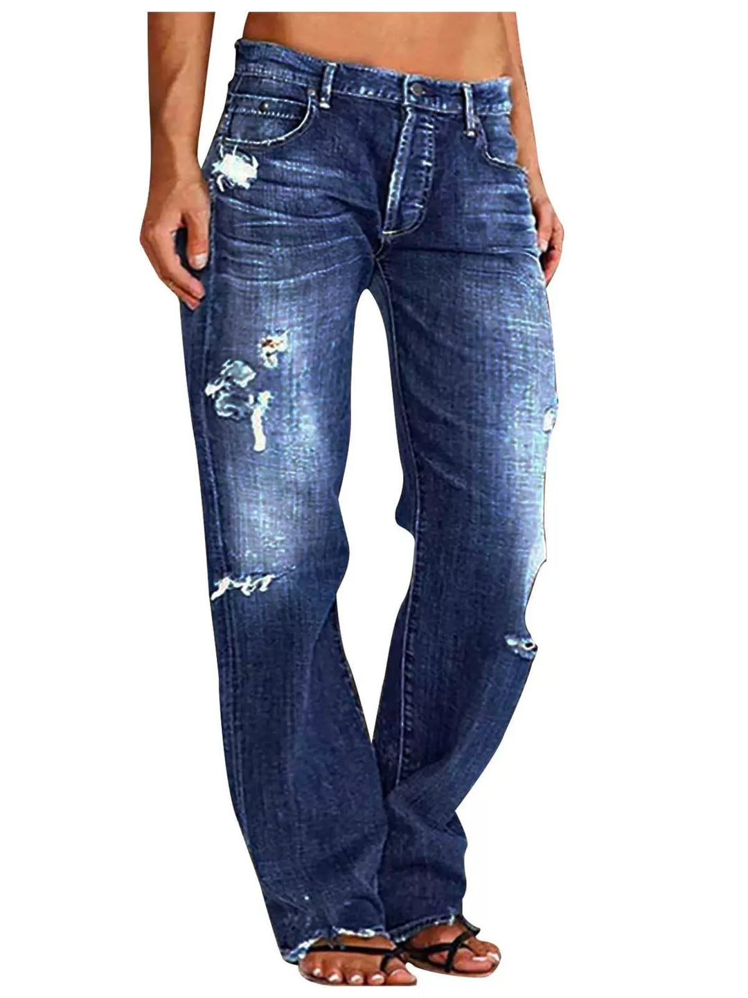Dark Blue Distressed loose fit straight leg jeans with raw hem