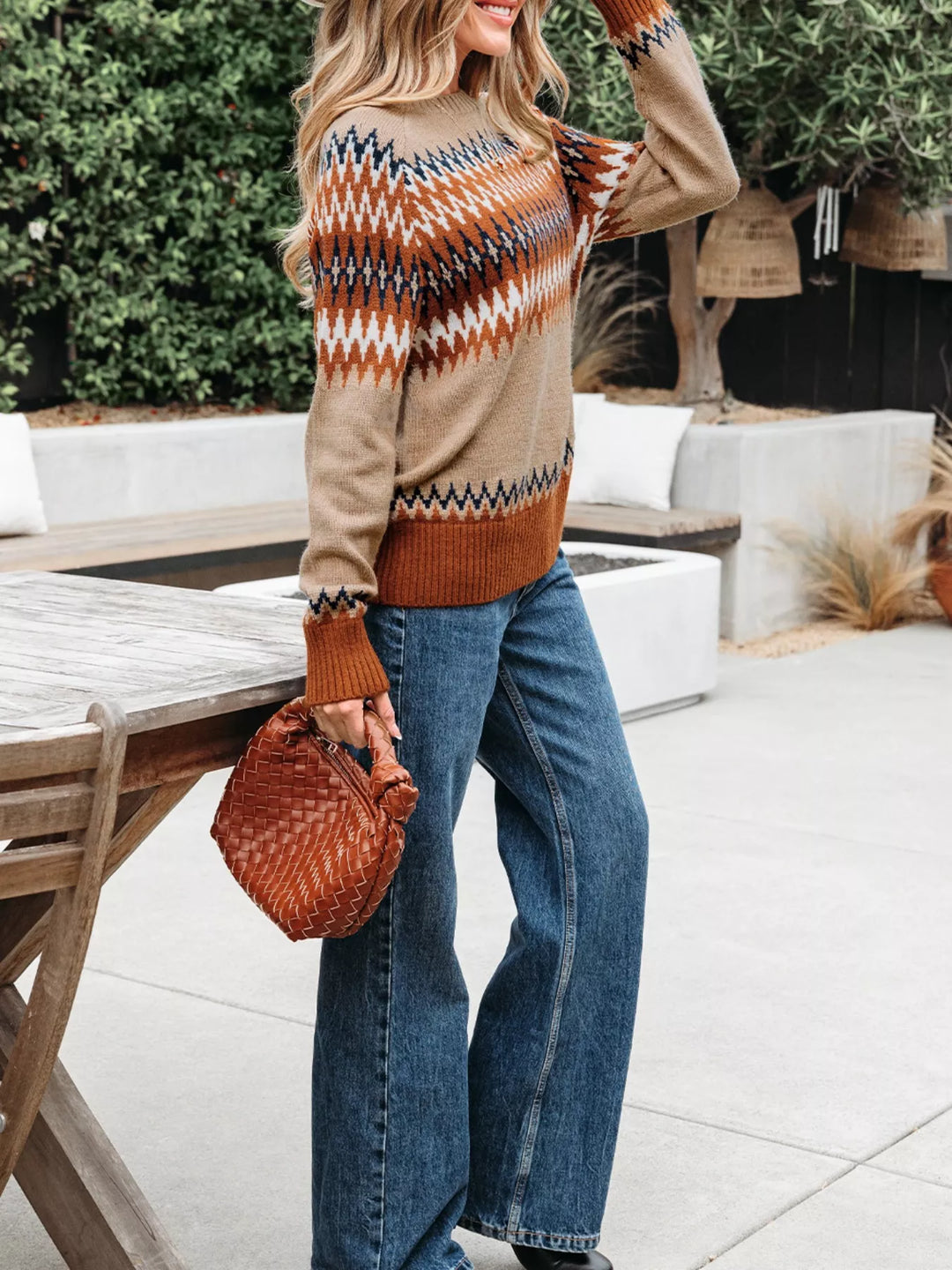 Fair Isle geometric knit crew neck sweater