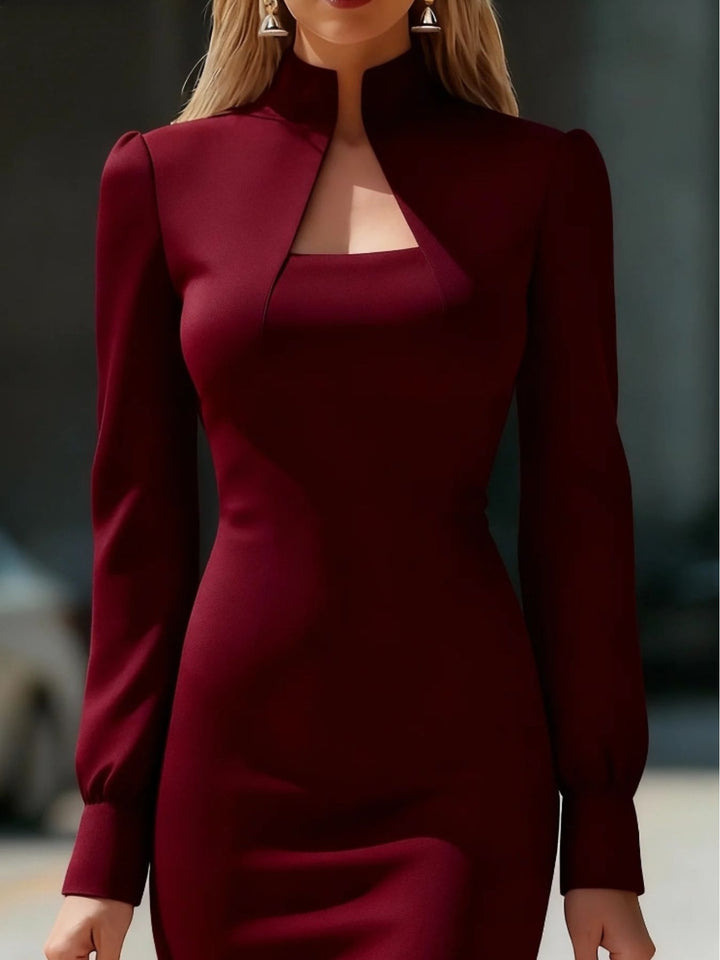 Burgundy Mock neck keyhole long sleeve bodycon midi dress