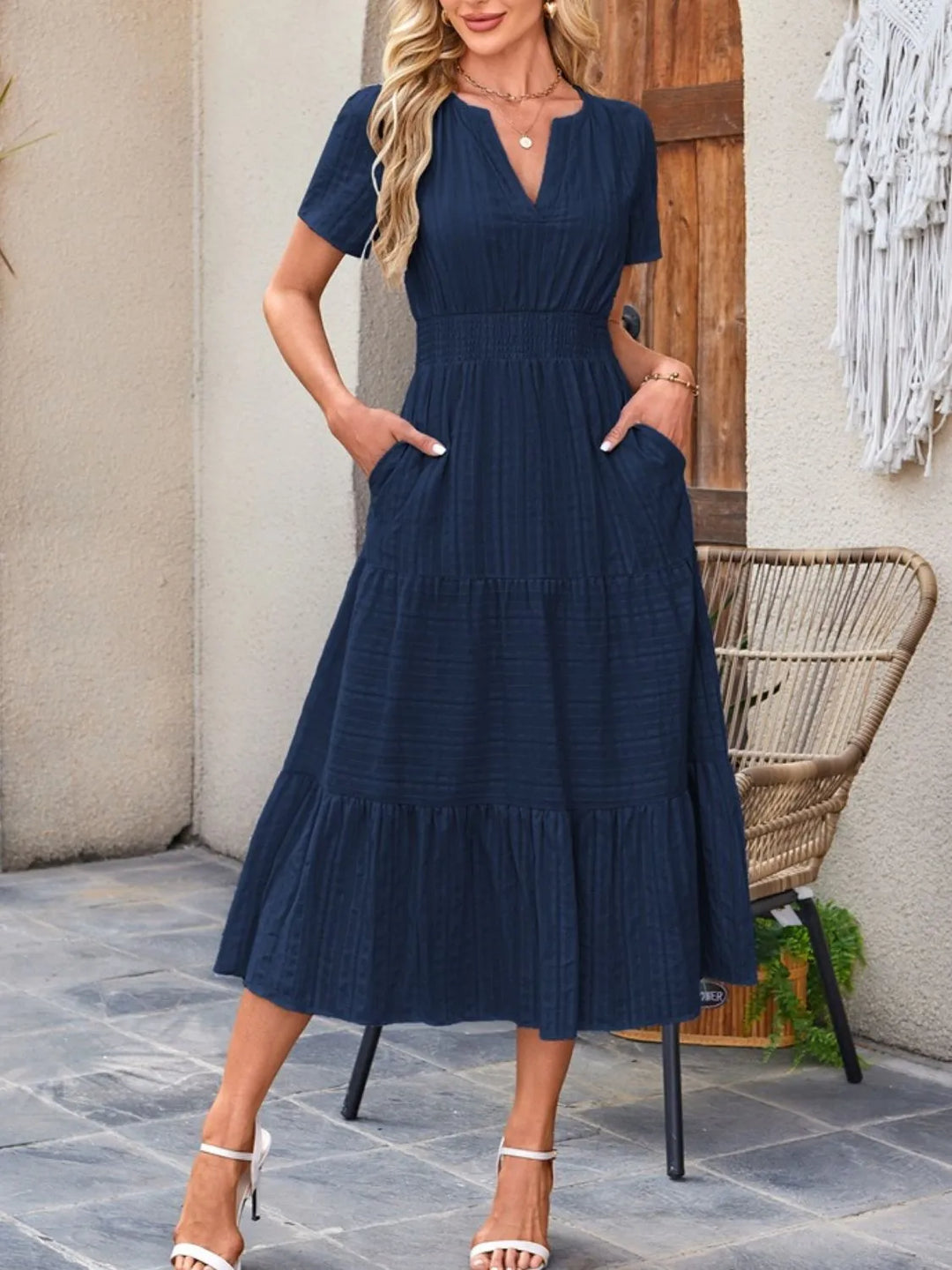 Dark Blue Tiered notched neck short sleeve midi dress with pockets