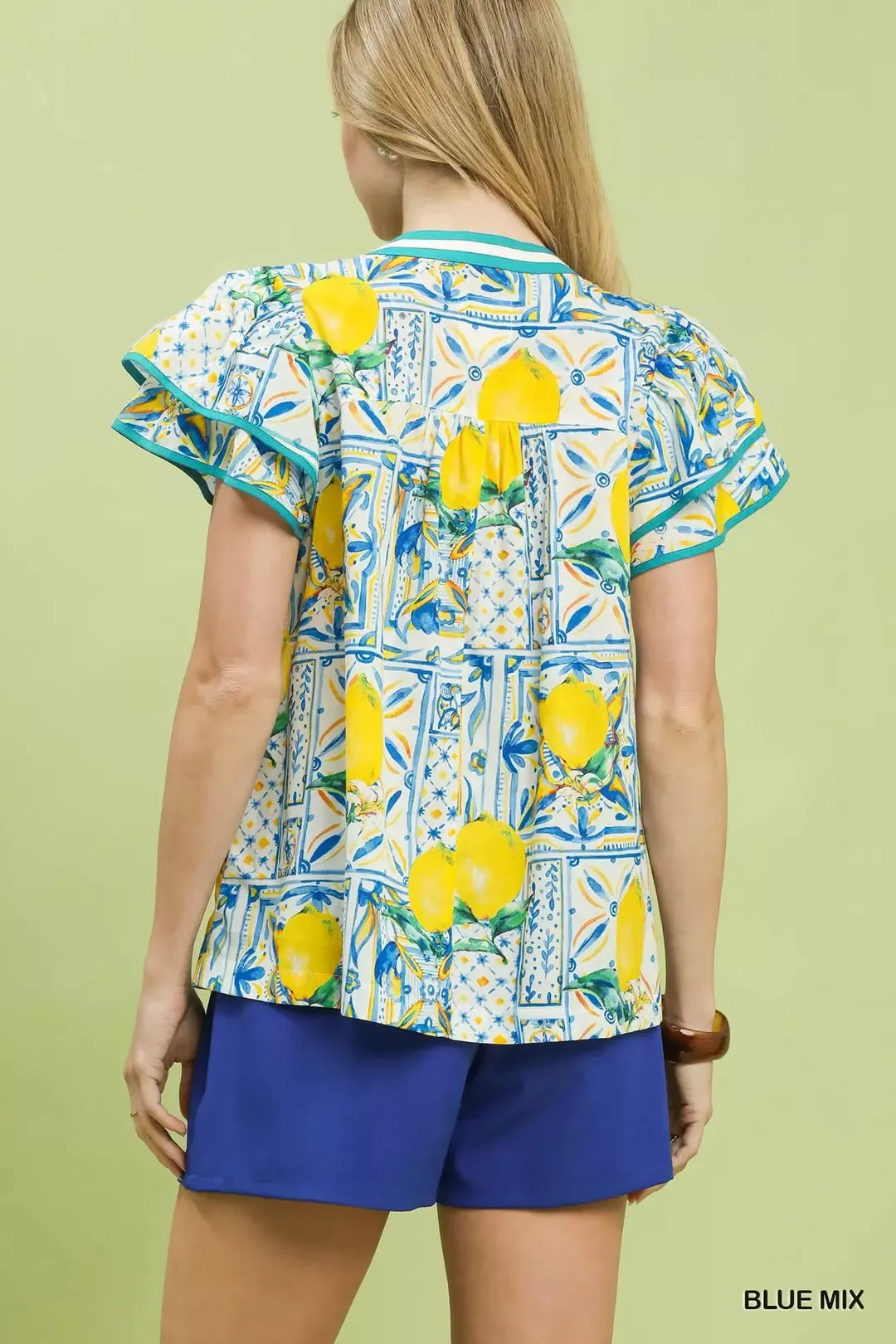 Lemon Mediterranean tile print flutter sleeve blouse
