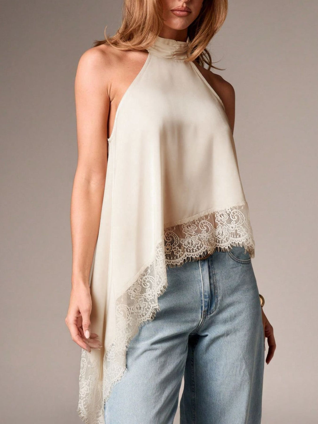Satin halter neck cami with lace trim asymmetrical hem
