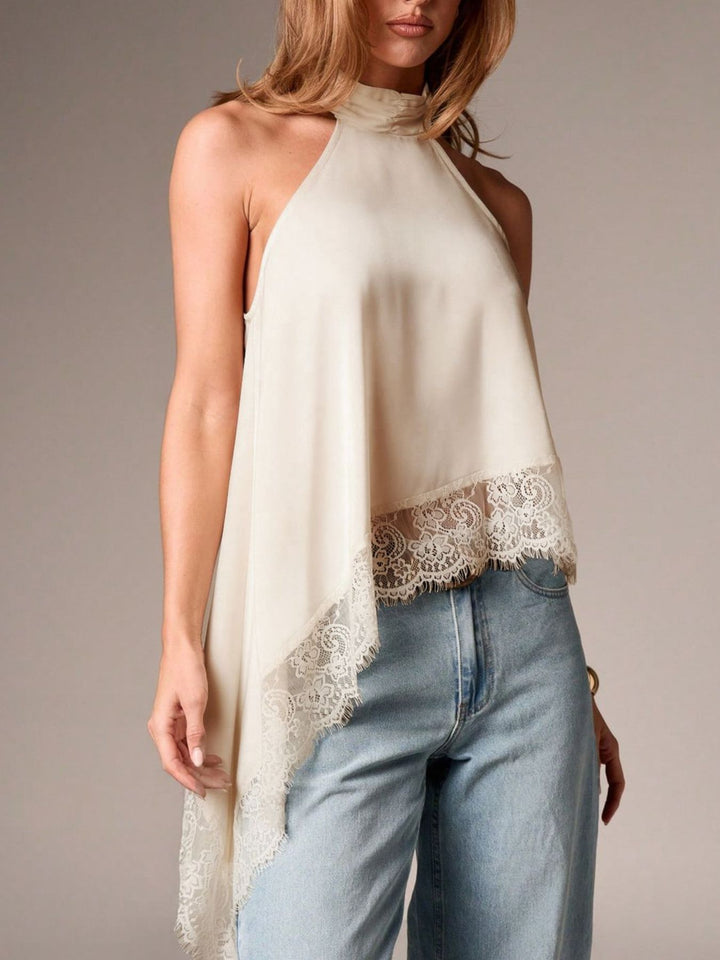 Satin halter neck cami with lace trim asymmetrical hem