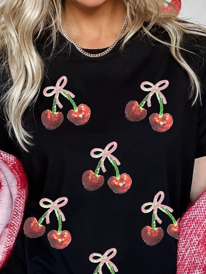 Sequin cherry and bow patch crew neck tee